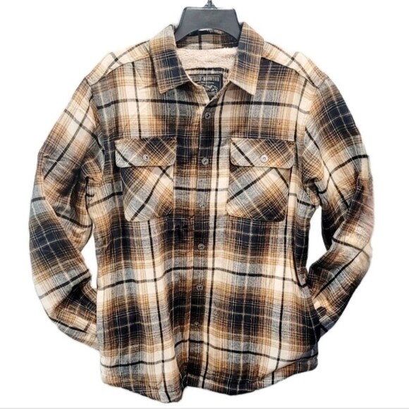 Grizzly Mountain Men's M Sherpa Lined Flannel Shirt Jacket Shacket Brown Plaid - Picture 3 of 16